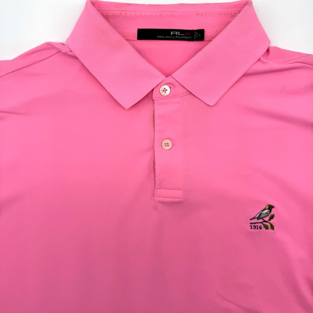 RLX Ralph Lauren Polo Shirt Mens L Pink Bird 1916 Performance Golf Stretch